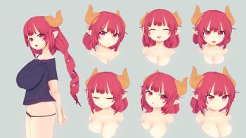 3d black_panties breasts reference_sheet cleavage dragon_girl highres horns huge_breasts ilulu_(maidragon) kobayashi-san_chi_no_maidragon long_hair multiple_views panties red_eyes red_hair thighs underwear