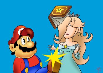 1boy 1girl annoyed blonde_hair blue_dress book breasts brown_hair crown dress earrings facial_hair gloves hair_over_one_eye hat highres jewelry kicking long_hair mario mario_(series) mustache nintendo overalls red_hat rosalina storybook super_mario_galaxy super_star_(mario) surprised