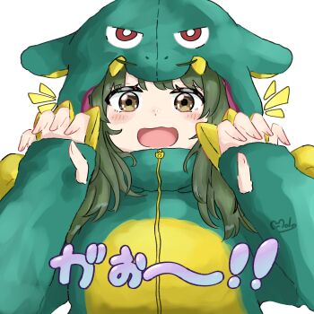 1girl absurdres animal_costume blush claw_pose commentary dragon_costume gao green_eyes green_hair highres hood hood_up idolmaster idolmaster_shiny_colors looking_at_viewer moruhyoki nanakusa_nichika official_alternate_costume signature simple_background sleeves_past_wrists smile solo upper_body white_background