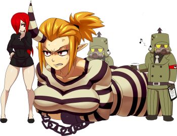 2boys 2girls anger_vein angry ass bare_legs black_egrets blonde_hair blush breast_hold breasts chain chibi cross dress frown giant giantess groping hair_over_one_eye hand_on_hips horn huge_ass huge_breasts image_sample jill_besson_(vordandan) large_breasts long_hair looking_down lying military military_uniform miniskirt multiple_boys multiple_girls musical_note necktie on_stomach oni parasoul_(skullgirls) pixiv_sample pointy_ears ponytail prison prison_clothes red_eyes red_hair scythana_(skullgirls) sharp_teeth shoes short_dress short_ponytail simple_background size_difference skirt skullgirls striped sweatdrop teeth white_background wide_hips