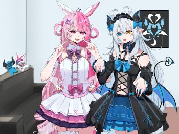 2girls akugaki_koa animal_ears belly blue_eyes blue_hair bow chromashift commission couch demon_girl demon_horns demon_tail hair_bow hair_ribbon heterochromia highres horns indoors lalabell_lullaby long_hair looking_at_viewer multiple_girls navel open_mouth pink_eyes pink_hair rabbit_ears ribbon stuffed_toy tail very_long_hair virtual_youtuber yellow_eyes