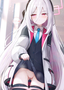 1girl absurdres blue_archive blue_necktie censored clothes_lift commentary_request flasher_(flasher_ura) halo highres jacket kei_(blue_archive) kei_(new_body)_(blue_archive) lifting_own_clothes loli long_hair necktie panties panty_pull pink_panties pussy pussy_juice shirt skirt skirt_lift solo underwear variant_set very_long_hair white_hair