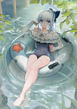 1girl bare_legs barefoot blue_archive blue_halo blue_one-piece_swimsuit blush bottle breasts cleavage collarbone commentary_request covered_navel frilled_one-piece_swimsuit frills full_body grey_hair hair_between_eyes hair_ornament halo highres holding holding_bottle innertube leaf long_hair looking_at_viewer lotion_bottle medium_breasts miyako_(blue_archive) miyako_(swimsuit)_(blue_archive) nekomiya_iyo official_alternate_costume official_alternate_hairstyle one-piece_swimsuit ponytail purple_eyes solo swim_ring swimsuit very_long_hair water wet white_hair