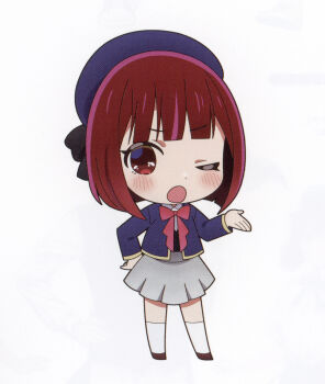1girl absurdres arima_kana beret blue_hat blue_jacket blush bob_cut bow chibi grey_skirt hat highres inverted_bob jacket looking_at_viewer non-web_source official_art one_eye_closed open_mouth oshi_no_ko red_bow red_eyes red_hair ribbon scan school_uniform self-scan short_hair skirt socks solo white_background white_socks youtou_high_school_uniform