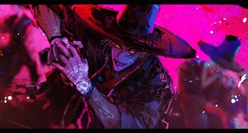 Rule 34 | 3boys, black hanbok, black hat, body markings, changback99, clenched teeth, couple, dutch angle, evil smile, gat (hat), hanbok, hashtag-only commentary, hat, highres, jewelry, korean clothes, kpop demon hunters, looking at viewer, multiple boys, ring, romance (kpop demon hunters), short hair, smile, teeth, yellow eyes