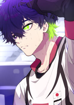 1boy absurdres adam&#039;s_apple blue_hair blue_lock bright_pupils closed_mouth commentary_request eyelashes facial_hair green_eyes heterochromia highres looking_ahead male_focus mustache_stubble nekoma_hikaru oliver_aiku shirt short_hair solo sparse_stubble stubble sweat upper_body white_pupils white_shirt