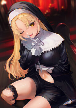 1girl ;p animal_ears black_dress black_socks black_veil blonde_hair breasts capelet church clothes_lift commentary dress dress_lift fake_animal_ears finger_to_mouth frilled_gloves frilled_thigh_strap frills gloves guimpe high_collar highres index_finger_raised indoors kneehighs lifting_own_clothes long_hair long_sleeves looking_at_viewer medium_breasts navel nijisanji nun one_eye_closed otsudou parted_bangs pew shorts_under_dress shushing sister_claire sister_claire_(1st_costume) sitting smile socks solo straight_hair thigh_strap thighs tongue tongue_out veil virtual_youtuber white_capelet white_gloves yellow_eyes