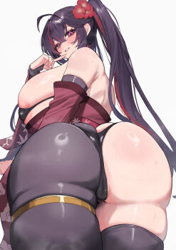 1girl ahoge areola_slip ass asymmetrical_legwear back black_bra black_gloves black_panties black_pantyhose black_thighhighs blush bra breasts butt_crack commission finger_to_mouth fingerless_gloves flower flower_on_head from_behind gloves hair_flower hair_ornament huge_ass huge_breasts japanese_clothes kimono lips long_hair long_twintails looking_back micro_bra multicolored_hair off-shoulder_kimono original panties pantyhose pink_eyes pink_kimono purple_hair red_hair sideboob skeb_commission skindentation smile solo standing streaked_hair sweat thick_thighs thigh_strap thighhighs thighs totorosu twintails underwear white_background
