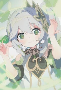 Rule 34 | 1girl, blush, detached sleeves, dress, genshin impact, green eyes, green hair, green sleeves, grey hair, hair between eyes, hair ornament, looking at viewer, multicolored hair, mxkjxm (nhss2337), nahida (genshin impact), pointy ears, side ponytail, sidelocks, sleeveless, sleeveless dress, smile, solo, upper body, white dress