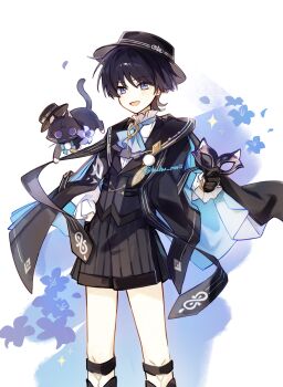 1boy absurdres aiguillette alternate_costume animalization arm_at_side ascot black_cat black_coat black_hat black_shorts blue_ascot blue_coat blue_flower blue_gemstone blue_ribbon blunt_ends boater_hat brooch cat cat_mask coat coat_on_shoulders cowboy_shot domino_mask eye_mask falling_petals feathers flower formal_clothes frilled_shirt_collar frilled_sleeves frills gem genshin_impact gold grey_ascot hand_in_pocket hat highres holding holding_mask huhu_norii jewelry layered_ascot layered_sleeves light_blush long_sleeves looking_at_viewer male_focus mask open_mouth person_and_animalization petals pleated_shorts pom_pom_(clothes) purple_eyes purple_flower purple_mask purple_petals ribbon scaramouche_(cat)_(genshin_impact) scaramouche_(genshin_impact) shirt shorts two-sided_coat two-sided_fabric undershirt vision_(genshin_impact) wanderer_(genshin_fes_2026)_(genshin_impact) wanderer_(genshin_impact) white_background white_shirt white_sleeves white_trim wispy_bangs yellow_feathers