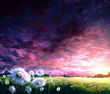 cloud cloudy_sky commentary_request daisy_(flower) dawn field flower landscape morning mountainous_horizon n_(nnn2927) no_humans original outdoors scenery sky white_flower