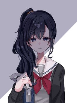 1girl arm_at_side asahina_mafuyu bag black_cardigan black_hair breasts cardigan closed_mouth commentary_request dot_nose expressionless grey_shirt hair_between_eyes hair_ornament hair_over_shoulder hair_scrunchie hand_up high_ponytail highres holding holding_strap long_hair long_sleeves looking_at_viewer miyamasuzaka_girls'_academy_school_uniform neckerchief open_cardigan open_clothes ponytail project_sekai qs6rsyfpyo87442 red_neckerchief sailor_collar school_bag school_uniform scrunchie serafuku shirt shoulder_bag sidelighting sidelocks simple_background solo straight-on upper_body white_sailor_collar