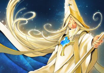 1girl absurdres blonde_hair blue_cape blue_gemstone cape closed_eyes cookie_run cookie_run:_kingdom facial_mark forehead_mark gem hat highres holding holding_staff humanization long_hair nifast_(greentail) pure_vanilla_cookie robe staff white_robe yellow_cape yellow_cloak yellow_hat