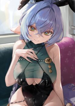 1girl absurdres adapted_costume animal_ear_hairband animal_ears black_leotard blue_hair breasts commentary_request couch covered_collarbone criss-cross_straps crossed_bangs fake_animal_ears goat_ears goat_girl goat_horns green_eyes hair_between_eyes hairband hand_on_own_chest highleg highleg_leotard highres horizontal_pupils horns indoors korean_commentary large_breasts leotard long_hair looking_at_viewer lucia_elowen malsuk on_couch rabbit_ear_hairband rabbit_ears sitting smile solo zenless_zone_zero