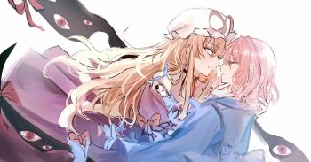 Rule 34 | 2girls, bare shoulders, blonde hair, blue kimono, bug, butterfly, choker, closed eyes, closed mouth, collarbone, commentary, dress, elbow gloves, expressionless, from side, gap (touhou), gloves, hair between eyes, hands in another's hair, hands on another's neck, hat, highres, insect, japanese clothes, kckhsrrr, kimono, long hair, long sleeves, looking at another, mob cap, multiple girls, no headwear, off-shoulder dress, off shoulder, parted lips, pink hair, purple dress, purple eyes, red eyes, ribbon choker, saigyouji yuyuko, saigyouji yuyuko (living), touhou, white background, white gloves, yakumo yukari