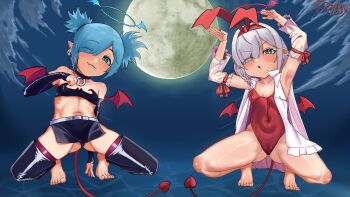 2girls :3 absurdres alternate_costume alternate_hairstyle animal_ear_hairband animal_ears arm_support armpits arms_up arona_(blue_archive) artist_name bare_legs bare_shoulders barefoot belt black_bra black_choker black_panties black_skirt black_thighhighs blue_archive blue_eyes blue_hair blue_halo blush bra braid breasts cameltoe choker closed_mouth cloud collarbone cosplay covered_navel demon_tail demon_wings detached_sleeves earrings elbow_gloves etna_(disgaea) etna_(disgaea)_(cosplay) fake_animal_ears fangs feet fingerless_gloves fos1x frilled_sleeves frills gloves gluteal_fold grey_eyes hair_between_eyes hair_over_one_eye hairband halloween_costume halo hand_up highleg highleg_leotard highres jewelry latex latex_gloves latex_thighhighs leotard loli long_hair long_sleeves moon moonlight multiple_girls navel night night_sky one_eye_closed open_clothes open_mouth open_shirt panties plana_(blue_archive) playboy_bunny pointy_ears red_hairband red_halo red_leotard red_tail red_wings shirt short_hair sidelocks single_braid skirt skull_earrings sky sleeveless sleeveless_shirt small_breasts smile spread_legs squatting strapless strapless_leotard tail thighhighs thighs toes two_side_up underwear vampire very_long_hair white_belt white_hair white_shirt white_sleeves wings wink