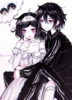 Rule 34 | 1boy, 1girl, :d, ahoge, alternate eye color, andrew graves, anmo418, ashley graves, bare shoulders, black hair, black jacket, black pants, breasts, chinese commentary, choker, chromatic aberration, cleavage, colored skin, commentary request, double-parted bangs, dress, feet out of frame, frilled dress, frilled sleeves, frilled socks, frills, grin, hair between eyes, hairband, heart, highres, hug, jacket, knee up, layered sleeves, long sleeves, looking at viewer, low side ponytail, medium hair, off-shoulder dress, off shoulder, open mouth, pants, pink eyes, ribbon-trimmed dress, ribbon trim, ringed eyes, short hair, short over long sleeves, short sleeves, side ponytail, simple background, sitting, sitting on lap, sitting on person, small breasts, smile, socks, speech bubble, sweatdrop, the coffin of andy and leyley, thought bubble, tongue, track jacket, triple vertical stripe, turtleneck, turtleneck jacket, twitter username, white background, white choker, white dress, white hairband, white skin, zipper