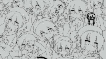 1girl 2000s_(style) beret closed_mouth collage collared_shirt commentary_request detached_sleeves expressionless finger_frame grey_background hat headphones highres mask mouth_mask necktie shirt short_hair simple_background sitting sketch solo stuffed_animal stuffed_shark stuffed_toy utane_uta utau uuuuua07