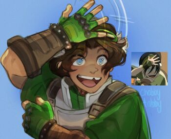 Rule 34 | 1other, :d, arm up, artist name, avatar: the last airbender, avatar legends, blue background, blue eyes, brown hair, chabbytabbyy, chipped tooth, commentary, cosplay, dark skin, english commentary, eyebrow piercing, face piercing, fingerless gloves, gloves, goggles, goggles on head, green gloves, neck tattoo, open mouth, other focus, overwatch, overwatch 2, piercing, reference inset, short hair, smile, tattoo, toph beifong, toph beifong (cosplay), upper body, venture (overwatch)