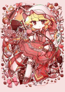 Rule 34 | 1girl, blonde hair, dress, embodiment of scarlet devil, flandre scarlet, hat, highres, morning good u, red dress, red eyes, red shoes, ribbon, shoes, short hair, star (symbol), stuffed animal, stuffed toy, teddy bear, touhou