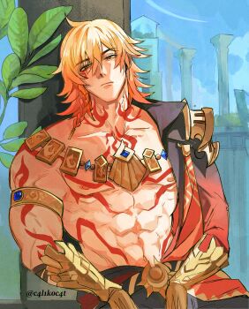 1boy abs absurdres arm_tattoo armlet black_coat blonde_hair braid c4l1k0c4t chest_tattoo coat commentary earrings facial_tattoo gauntlets gold_earrings gold_necklace gradient_hair highres honkai:_star_rail honkai_(series) jewelry looking_at_viewer male_focus medium_hair multicolored_hair muscular muscular_male mydei_(honkai:_star_rail) necklace open_clothes open_coat red_hair red_tattoo side_braid solo symbol-only_commentary tattoo toned toned_male twitter_username yellow_eyes