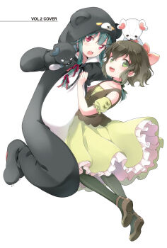 Rule 34 | 029, :d, animal costume, animal ears, animal hood, bear costume, bear ears, bear hood, blush, bow, brown shoes, choker, collarbone, cosplay, dress, fina (kuma kuma kuma bear), flat chest, flats, full body, green choker, green dress, green eyes, green hair, green pantyhose, hair between eyes, hair bow, hair ribbon, hand on another's head, hand puppet, hands up, highres, hood, hood up, hug, kigurumi, kneeing, kuma kuma kuma bear, long hair, looking at viewer, off-shoulder dress, off shoulder, official art, open mouth, pantyhose, pink bow, puffy short sleeves, puffy sleeves, puppet, red eyes, ribbon, shoes, short hair, short sleeves, simple background, smile, tareme, teeth, third-party source, upper teeth only, v-shaped eyebrows, white background, yuna (kuma kuma kuma bear)