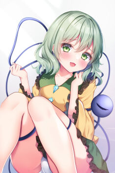 1girl 2023 :d absurdres blush buttons commentary_request dated_commentary diamond_button feet_out_of_frame frilled_skirt frilled_sleeves frills gradient_background green_eyes green_hair green_skirt grey_background hair_between_eyes hands_up highres holding holding_string knees_together_feet_apart koishi_day komeiji_koishi long_sleeves looking_at_viewer medium_hair no_headwear open_mouth panties raised_eyebrows shirotsuki_shirone shirt simple_background sitting skirt smile solo string thighs third_eye touhou underwear white_background white_panties wide_sleeves yellow_shirt