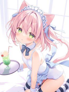 1girl animal_ear_fluff animal_ears apron bare_shoulders black_bow blush bow bowtie breasts cat_ears cat_girl cat_tail cherry collar detached_collar drink drinking_straw food frilled_apron frills fruit glass green_eyes hair_between_eyes hair_ribbon hashtag-only_commentary highres holding holding_tray ice_cream ice_cream_float kneeling looking_at_viewer maid_headdress old_school_swimsuit on_bed one-piece_swimsuit original parted_lips pink_hair ribbon school_swimsuit shira_momo_miru simple_background small_breasts solo striped_clothes striped_thighhighs swimsuit tail thighhighs tray two_side_up white_apron white_collar white_headdress white_one-piece_swimsuit wrist_cuffs