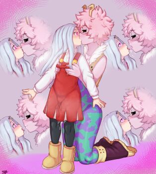 2girls absurdres age_difference artist_name ashido_mina black_sclera blush boku_no_hero_academia boots cameltoe colored_sclera colored_skin commission crying crying_with_eyes_open dress drooling eri_(boku_no_hero_academia) female_focus french_kiss full_body heart heart-shaped_pupils highres horns kiss kneeling loli long_hair multiple_girls multiple_views onee-loli open_mouth orange_eyes pink_eyes pink_hair pink_skin pussy_juice pussy_juice_stain red_dress saliva short_hair single_horn smile standing symbol-shaped_pupils tears toku69 tongue tongue_out yuri