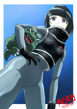 1girl black_gloves black_hair character_doll commentary_request doll gloves godzilla godzilla_(series) godzilla_vs._monster_zero hand_on_own_hip highres looking_down namikawa_(godzilla) purple_eyes simple_background spacesuit stuffed_animal stuffed_toy taiga_hiroyuki toho xilien