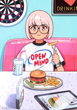 1girl aragon_honnin bob_cut booth_seating brown_hair burger closed_mouth cup dartboard drinking_straw food fork french_fries glasses highres holding holding_cup holding_fork indoors looking_at_viewer menu napkin napkin_holder original pickle plate round_eyewear shirt short_hair short_sleeves solo t-shirt white_shirt