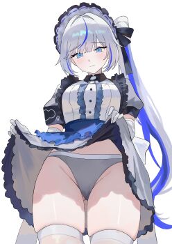1girl absurdres aokumo_rin black_hairband black_ribbon blue_eyes blue_hairband blue_skirt blue_streaks blush closed_mouth clothes_lift collared_shirt cowboy_shot elbow_gloves frilled_hairband frilled_shirt frilled_skirt frills from_below gloves grey_hairband grey_panties hair_ribbon hairband highres korean_commentary long_hair multicolored_hairband nbee_ya panties puffy_sleeves ribbon shirt short_sleeves side_ponytail simple_background skindentation skirt skirt_lift solo standing stellive thighhighs thighs underwear virtual_youtuber white_background white_gloves white_hair white_shirt white_thighhighs