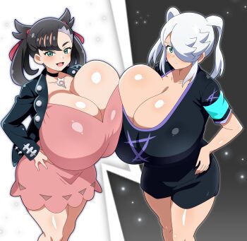 2girls absurdres alternate_breast_size_(larger) black_hair black_jacket blue_eyes breast_press breasts bursting_breasts cleavage crossover dress frown gigantic_breasts hair_over_one_eye hair_tie hand_on_own_hip highres hitokiwa_kenchin huge_breasts inazuma_eleven inazuma_eleven_(series) inazuma_eleven_victory_road jacket jewelry marnie_(pokemon) multiple_girls necklace nintendo pink_dress pokemon pokemon_swsh smile symmetrical_docking twintails undercut white_hair
