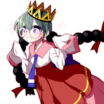 Rule 34 | 1girl, black hair, blush, bow, braid, crown, glasses, hair bow, highres, kirby (series), kirby 64, long hair, low twin braids, neck o, nintendo, purple eyes, red bow, ripple star queen, simple background, skirt, sleeves past fingers, sleeves past wrists, twin braids, white background