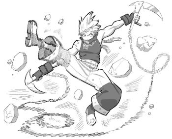 Rule 34 | 1boy, belt, black star, burst 7, debris, dual wielding, fingerless gloves, floating hair, full body, gloves, greyscale, hashtag-only commentary, highres, holding, holding weapon, male focus, monochrome, pants, shirt, shoes, short hair, shoulder tattoo, sleeveless, sleeveless shirt, solo, soul eater, spiked hair, star (symbol), star tattoo, tattoo, weapon, white background