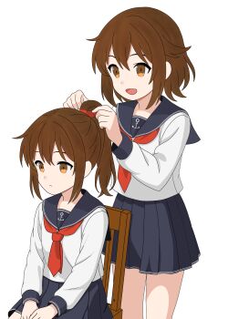 2girls absurdres anchor_symbol blue_sailor_collar blue_skirt brown_eyes brown_hair chair folded_ponytail highres ikazuchi_(kancolle) inazuma_(kancolle) inazuma_oonami kantai_collection long_sleeves multiple_girls neckerchief on_chair pleated_skirt red_neckerchief sailor_collar school_uniform serafuku shirt short_hair siblings simple_background sisters skirt tying_hair white_background white_shirt wooden_chair