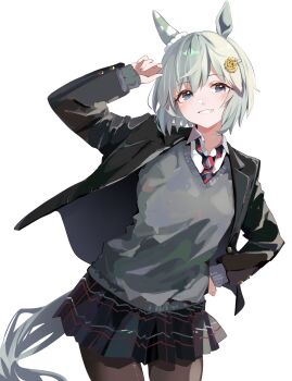 1girl absurdres alternate_costume animal_ears arm_up black_jacket black_skirt blue_eyes blush breasts collared_shirt commentary_request cowboy_shot ear_covers flower grey_hair grey_sweater grey_tail hair_between_eyes hair_flower hair_ornament hairclip hand_on_own_hip highres horse_ears horse_girl horse_tail jacket long_sleeves looking_at_viewer necktie open_clothes open_jacket pantyhose pleated_skirt school_uniform seiun_sky_(umamusume) shirt short_hair simple_background single_ear_cover skirt smile solo sunflower sunflower_hair_ornament sweater tail teeth umamusume white_background white_shirt yoojp