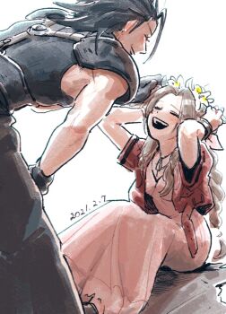1boy 1girl aerith_gainsborough armor baggy_pants black_gloves black_hair braid braided_ponytail brown_hair closed_eyes couple crisis_core_final_fantasy_vii dated dress facing_another feet_out_of_frame final_fantasy final_fantasy_vii final_fantasy_vii_remake flower gloves hair_ribbon head_wreath jacket leaning_forward long_hair open_clothes open_jacket open_mouth pants parted_bangs pink_dress pink_ribbon ponytail red_jacket ribbon shoulder_armor shuumai_1022 simple_background sitting sleeveless sleeveless_turtleneck smile spiked_hair standing sweater turtleneck turtleneck_sweater white_background yellow_flower zack_fair