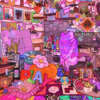 absurdly_detailed_composition artimaking battlefield_(series) battlefield_4 book chair computer controller cup fallout game_controller gaming_chair headphones highres indoors lava_lamp loaded_interior monitor original overwatch phasmophobia plant potted_plant shelf swivel_chair table vase vault_boy vault_suit yarn yarn_ball