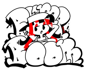 1girl absurdres arms_up artist_name backwards_hat baseball_cap black_hair breasts breasts_out cleavage earrings english_text graffiti hat highres hoop_earrings huge_breasts jewelry long_hair looking_at_viewer minuspal monochrome multicolored_hair no_bra purple_eyes purple_lips seductive_gaze signature simple_background solo source_request spray_can spray_paint taggi two-tone_hair upper_body white_background