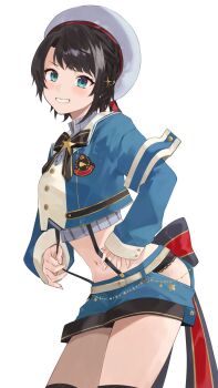 1girl belt beret black_bow black_bowtie black_hair black_ribbon blue_eyes blue_jacket blue_shorts bow bowtie clothing_cutout cowboy_shot crop_top cropped_jacket cropped_shirt grey_shirt hair_ornament hairclip hat highres hip_vent hololive jacket konchi_(63438789) lace lace-trimmed_panties lace_trim light_blush long_sleeves looking_at_viewer midriff navel neck_ribbon official_alternate_costume oozora_subaru oozora_subaru_(suspenders) panties ribbon shirt short_hair short_shorts shorts simple_background smile solo star_(symbol) striped_clothes striped_shirt suspender_shorts suspenders swept_bangs teeth thighhighs thighs underwear vertical-striped_clothes vertical-striped_shirt virtual_youtuber white_background white_belt