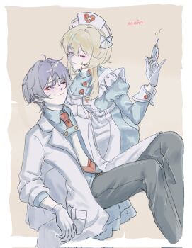 Rule 34 | 1boy, 1girl, alternate costume, apron, arm at side, artist name, blonde hair, blue bow, blue dress, blue eyes, blue shirt, blue sleeves, blunt ends, blush, bow, breasts, brown background, closed mouth, coat, collared shirt, commentary, contemporary, cross, cross print, doctor, dress, english commentary, eyelashes, eyeliner, eyeshadow, facing another, frilled apron, frills, genshin impact, gloves, grey hair, grey pants, hair between eyes, hair bow, hand up, hat, heart, heart print, hetero, highres, holding, holding syringe, juliet sleeves, lab coat, lapels, large breasts, layered sleeves, long sleeves, looking at another, lumine (genshin impact), makeup, necktie, nurse, nurse cap, one eye closed, pants, puffy sleeves, red eyeliner, red eyeshadow, red necktie, sanim12607849, scaramouche (genshin impact), shirt, short hair, short hair with long locks, sidelocks, sleeves rolled up, syringe, tsurime, undershirt, white apron, white coat, white gloves, white hat, white sleeves, wing collar, wispy bangs