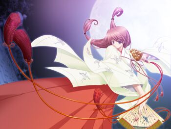 1girl bell bow breasts brown_hair chihaya_(clothing) crane_print floating_hair folding_fan full_moon game_cg goma_satoshi hair_bow hakama hakama_skirt hand_fan japanese_clothes jingle_bell large_breasts long_hair miko moon night oshiete_miko_sensei_(series) oshiete_miko_sensei_ni purple_eyes red_hakama shiratori_mina_(oshiete_miko_sensei) skirt sky solo string tassel wind