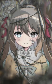 1girl ahoge ahoge-tan blue_eyes blurry blurry_foreground bow bowtie bright_pupils brown_hair cardigan closed_mouth colored_inner_hair commentary cracked_skin damaged dirty dirty_clothes dirty_face english_commentary frown grey_bow grey_bowtie grey_eyes grey_hair grey_sailor_collar hair_between_eyes hair_ornament hair_ribbon heart heart_hair_ornament heterochromia highres long_hair looking_at_viewer mechabare multicolored_hair neuro-sama raised_eyebrows red_ribbon ribbon robot_girl sailor_collar science_fiction solo torn_bowtie two_side_up vedal_ai white_pupils yellow_cardigan