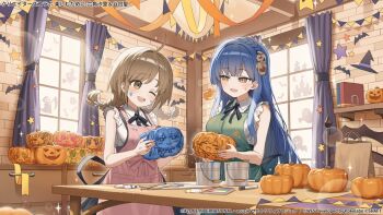 2girls ;d ando_tazusa apron assault_lily bare_arms black_ribbon black_skirt blue_hair blush book braid breasts brown_eyes brown_hair bucket cabinet collared_shirt commentary_request copyright_notice cowboy_shot crown_braid curtains flower frilled_shirt frills gem gem_hair_ornament green_apron hair_behind_ear hair_flower hair_ornament halloween hands_up high-waist_skirt hitotsuyanagi_riri holding holding_pumpkin indoors jack-o&#039;-lantern jewelry long_hair looking_at_another low_twin_braids low_twintails medium_breasts medium_hair multiple_girls neck_ribbon official_art one_eye_closed open_mouth orange_ribbon paint paint_on_clothes paint_splatter paint_splatter_on_face paint_tube paintbrush pennant pink_apron pumpkin red_gemstone ribbon ring rokkaku_shiori school_uniform shelf shirai_yuyu shirt sidelocks skirt sleeveless sleeveless_shirt smile sparkle standing star_(symbol) string_of_flags suspender_skirt suspenders table taniguchi_hijiri twin_braids twintails wagashi928 wang_yujia white_flower window yellow_ribbon yoshimura_thi_mai yurigaoka_girls_academy_school_uniform
