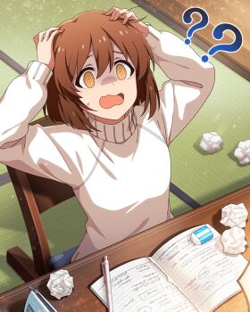 1girl ? ?? @_@ bag brown_eyes brown_hair card_(medium) chair crumpled_paper eraser game_cg hagiwara_yukiho hands_on_own_head idolmaster idolmaster_million_live! idolmaster_million_live!_theater_days notebook official_art open_mouth pen shaded_face solo sweater table tatami turtleneck turtleneck_sweater zipper