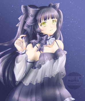 1girl artist_name bare_shoulders blue_bow blue_bowtie blue_choker blue_dress blue_hair blunt_bangs bow bow_choker bowtie bright_galaxy_(miracle_nikki) choker closed_mouth collarbone colored_eyelashes commentary_request cowboy_shot detached_sleeves dot_nose dress fingernails frilled_choker frills hair_bow hand_up happy highres lace lace-trimmed_bow lace-trimmed_bowtie lace-trimmed_dress lace-trimmed_sleeves lace_trim light_blush long_hair long_sleeves maika_(ma1ka8787) miracle_nikki night nikki_(series) outdoors pleated_dress print_dress puffy_long_sleeves puffy_sleeves see-through_clothes see-through_sleeves short_dress sleeveless sleeveless_dress smile snowing solo spaghetti_strap standing star_(symbol) star_print striped_bow striped_bowtie striped_clothes tareme two_side_up very_long_hair watermark white_sleeves yellow_eyes
