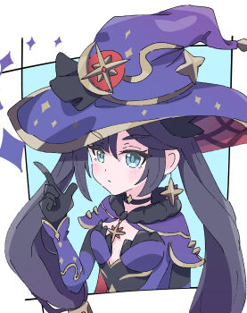 1girl absurdres black_gloves black_hair blue_eyes blush breasts capelet cleavage closed_mouth floating_hair genshin_impact gloves hat highres hutsugyou index_finger_raised long_hair long_sleeves mona_(genshin_impact) purple_capelet purple_hat purple_sleeves sketch small_breasts solo twintails upper_body very_long_hair witch_hat