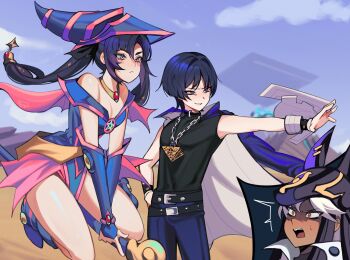 1boy 1girl 2boys absurdres bare_shoulders black_hair black_shirt blue_boots blue_gloves blue_hat blue_jacket blunt_ends boots breasts chain cleavage cosplay cyno_(genshin_impact) dark_magician_girl dark_magician_girl_(cosplay) duel_monster elbow_gloves fingerless_gloves genshin_impact gloves hat highres jacket long_hair memeh millennium_puzzle mona_(genshin_impact) multiple_boys muto_yugi muto_yugi_(cosplay) pants pentacle purple_eyes purple_hair scaramouche_(genshin_impact) shirt twintails wizard_hat yu-gi-oh!