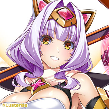 Rule 34 | 1girl, animal ears, armpits, artist name, azarin (exs-tia), bare shoulders, breasts, cat ears, chest jewel, cleavage, company name, energy wings, exs-tia magica, gem, gloves, hair intakes, headgear, inoino, kouyoku senki exs-tia, large breasts, long hair, looking at viewer, lowres, magic circle, magical girl, official art, parted lips, purple hair, scarf, short hair, simple background, smile, solo, teeth, upper body, white background, wings, yellow eyes